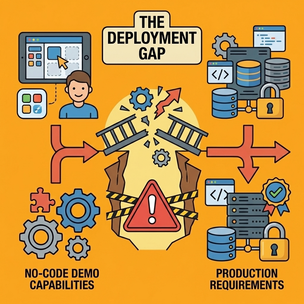 Highlighted warning concept showing the gap between no-code demo capabilities and production requirements
